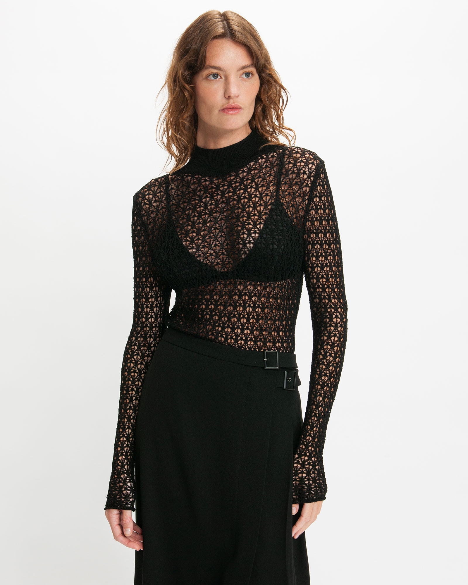 Tops and Shirts  | Funnel Neck Lace Knit | 990 Black