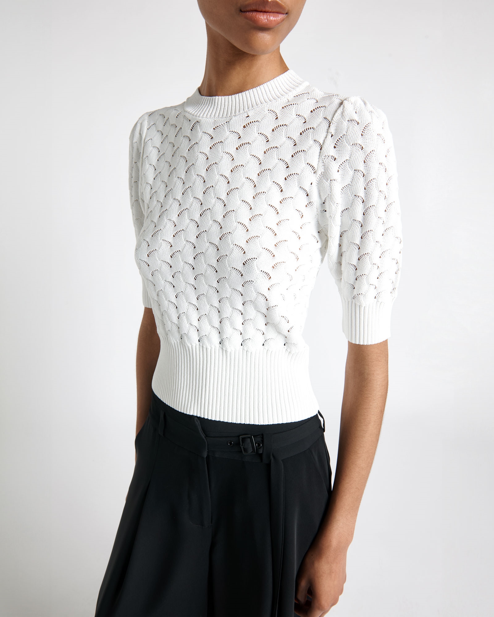 Tops and Shirts  | Pointelle Elbow Sleeve Knit | 103 Ivory