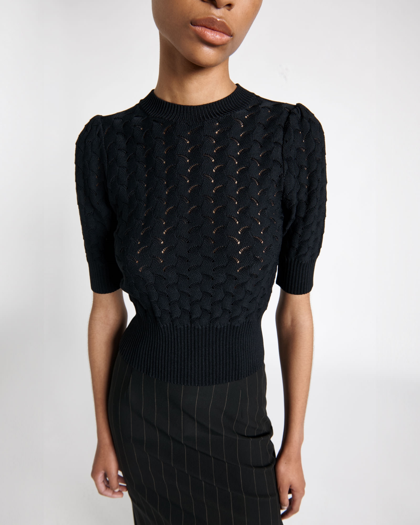 Tops and Shirts | Pointelle Elbow Sleeve Knit | 990 Black