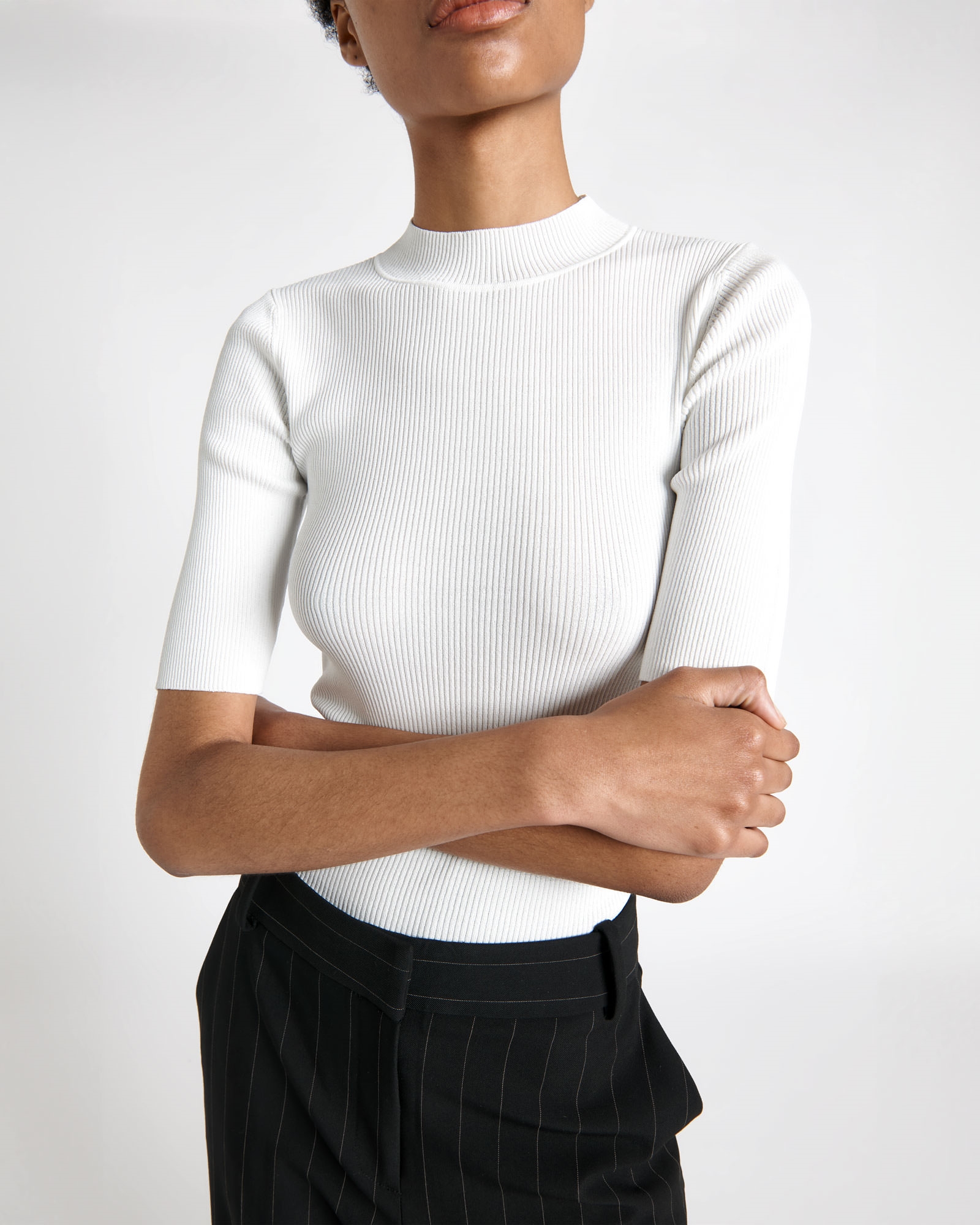 Tops and Shirts  | Elbow Sleeve Funnel Neck Rib Knit | 103 Ivory