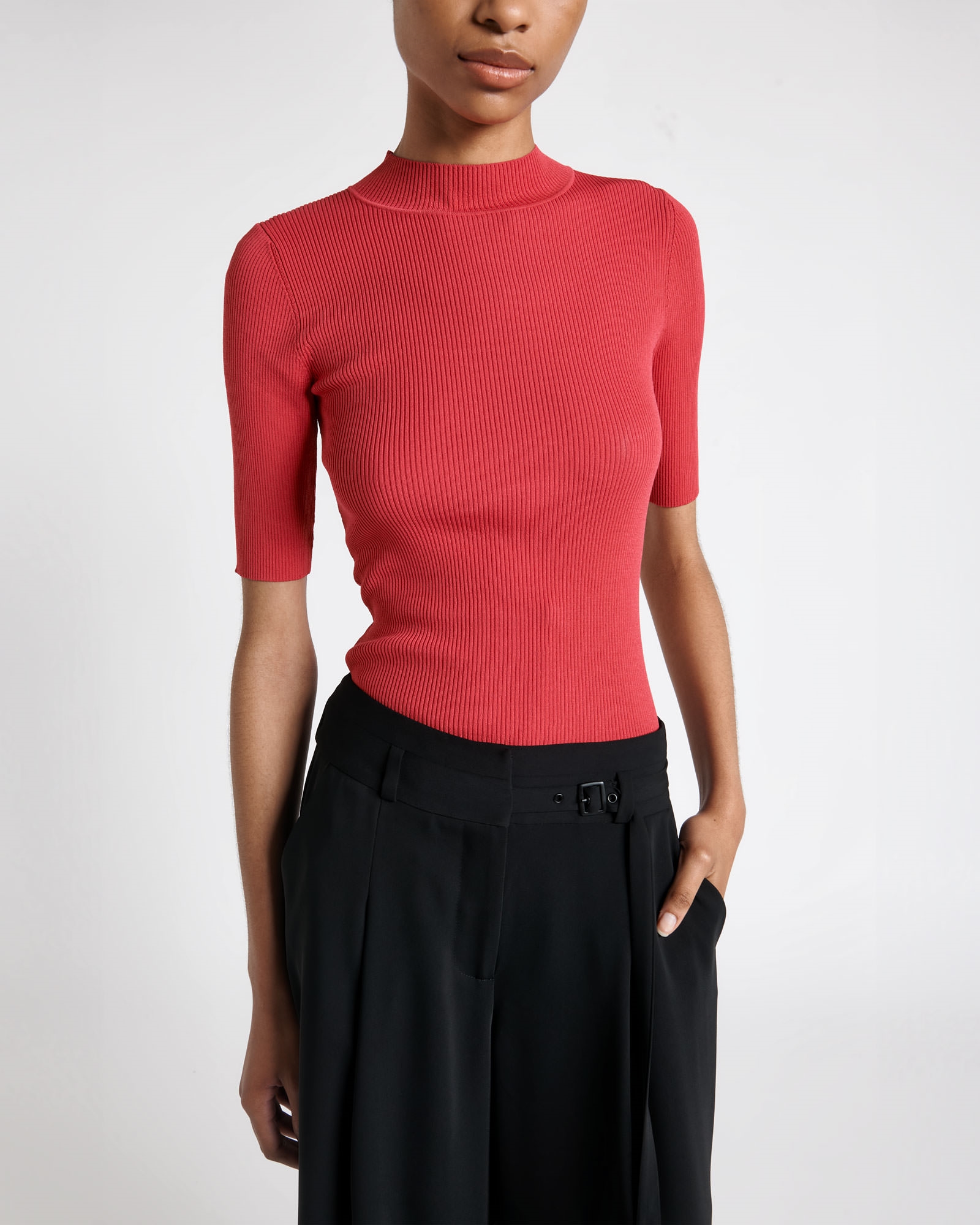Tops and Shirts | Elbow Sleeve Funnel Neck Rib Knit | 548 Lipstick