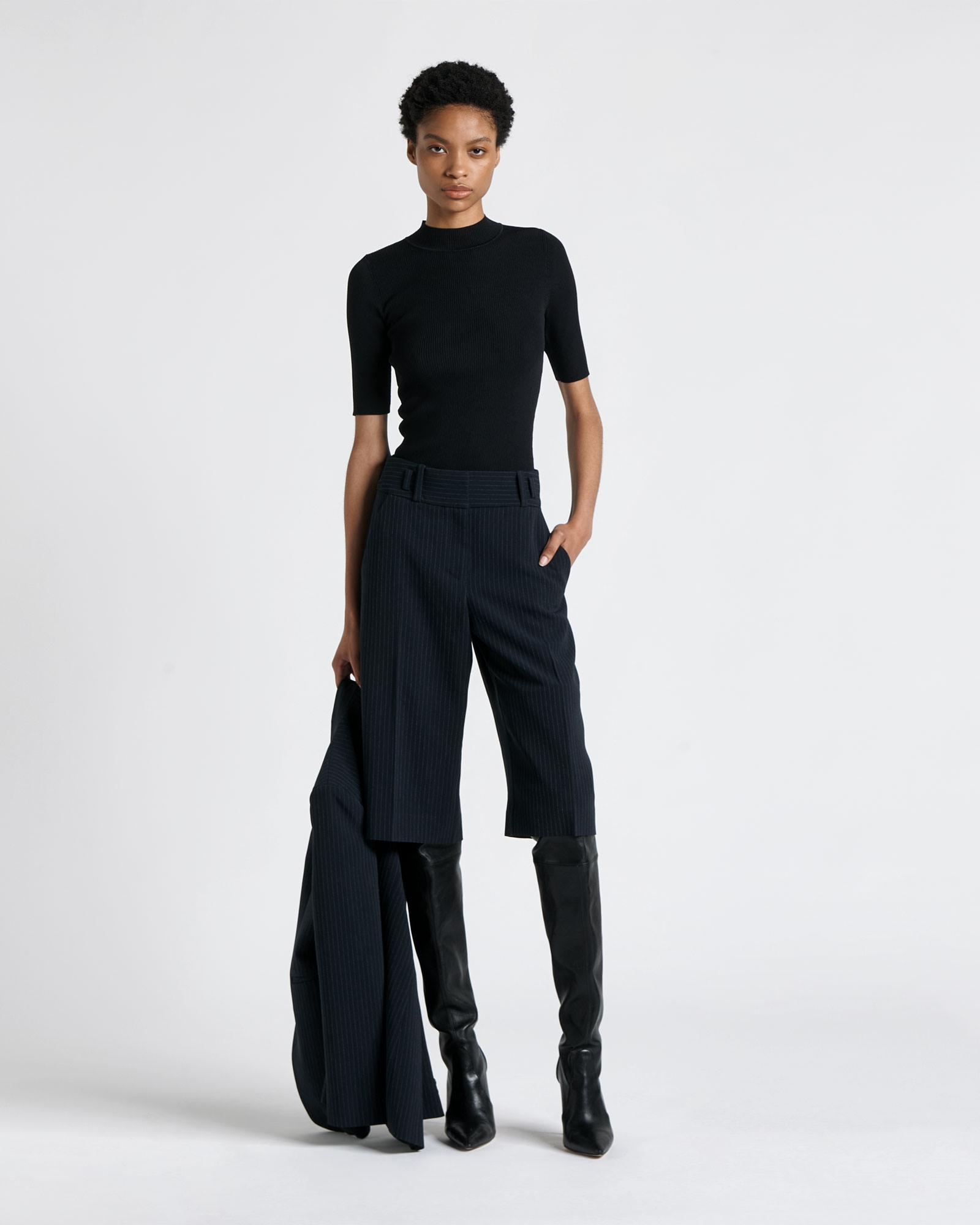 Tops and Shirts | Elbow Sleeve Funnel Neck Rib Knit | 990 Black
