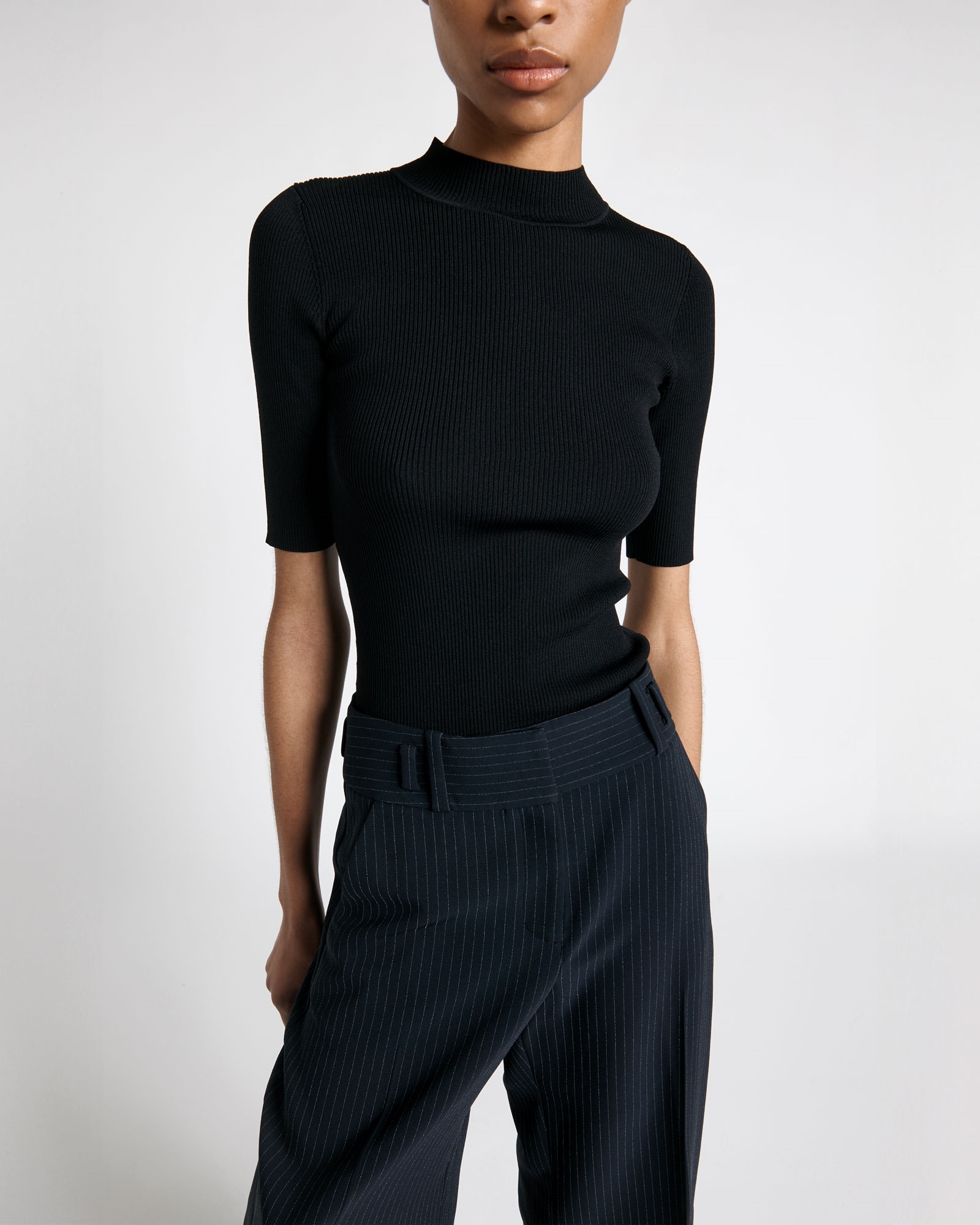 Tops and Shirts | Elbow Sleeve Funnel Neck Rib Knit | 990 Black