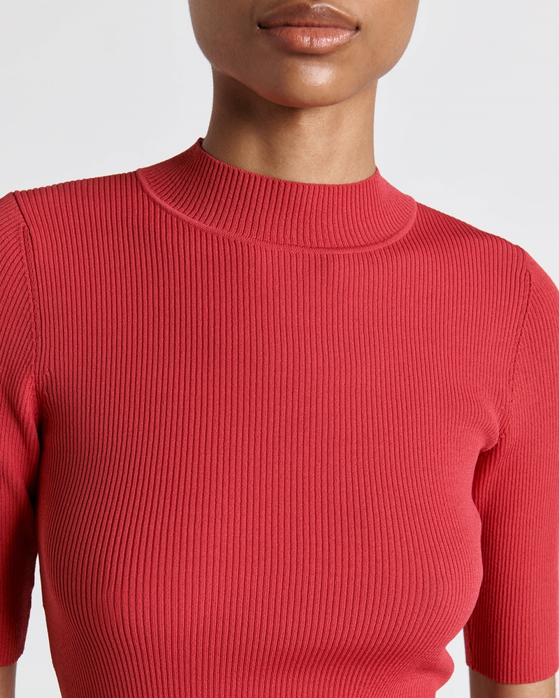 Tops and Shirts  | Elbow Sleeve Funnel Neck Rib Knit | 548 Lipstick