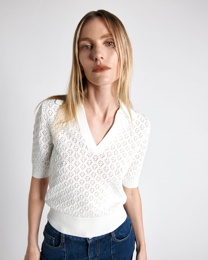 New Arrivals  | Pointelle Polo Collar Knit | 103 Ivory