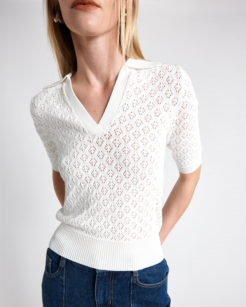 New Arrivals | Pointelle Polo Collar Knit | 103 Ivory