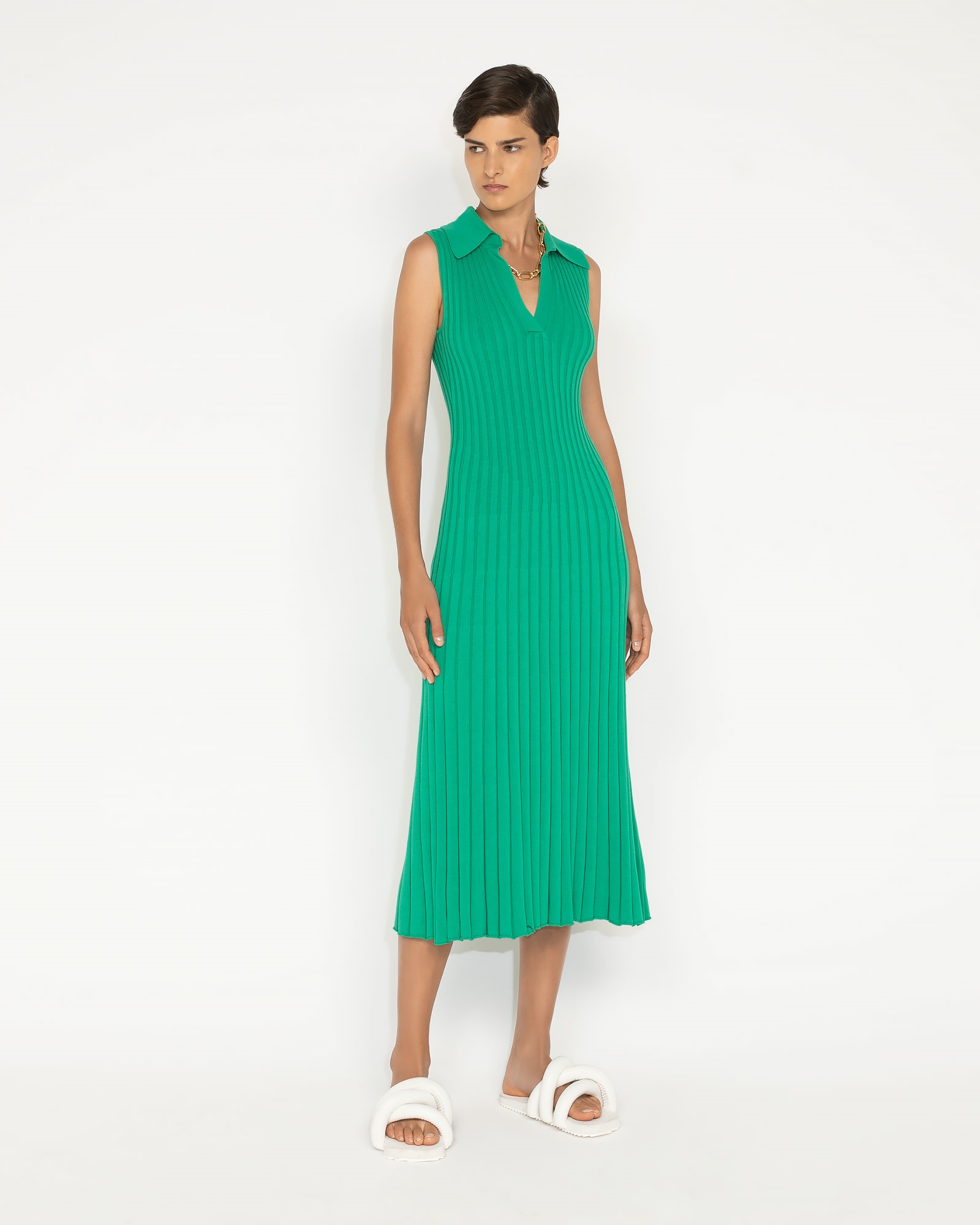 Knitwear | Collared Rib Knit Dress | 328 Vibrant Green