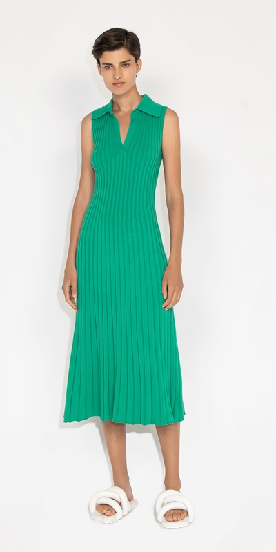 Knitwear | Collared Rib Knit Dress | 328 Vibrant Green
